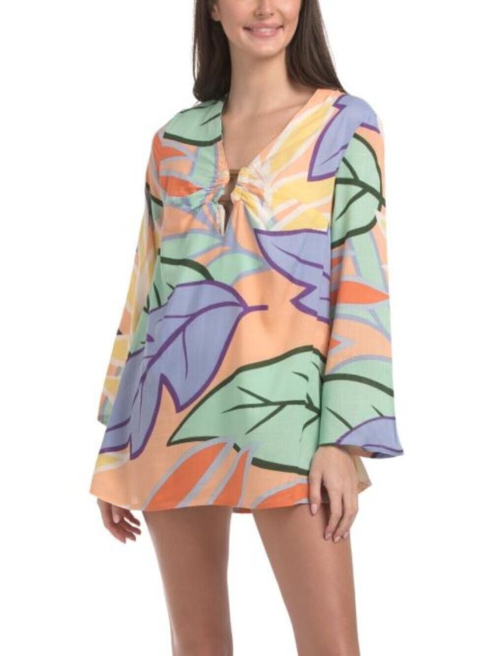 TRUE DESTINATION Cotton Voile Printed Button Front Cover-up Shirt With Roll Tab